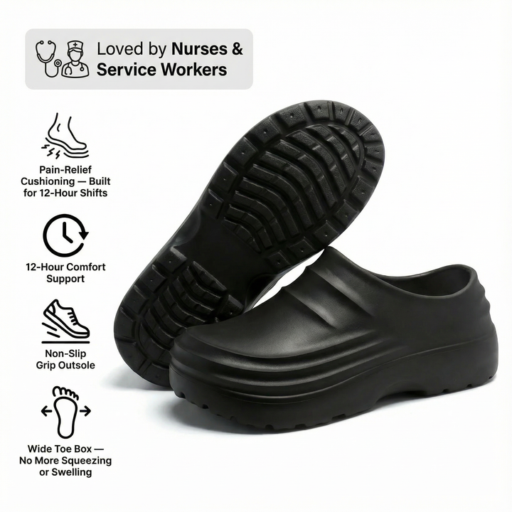 NursePro 12-timers Skift Træsko - Indbygget Bue Support til Plantar Fasciitis, Bred Tåboks, Skridsikker